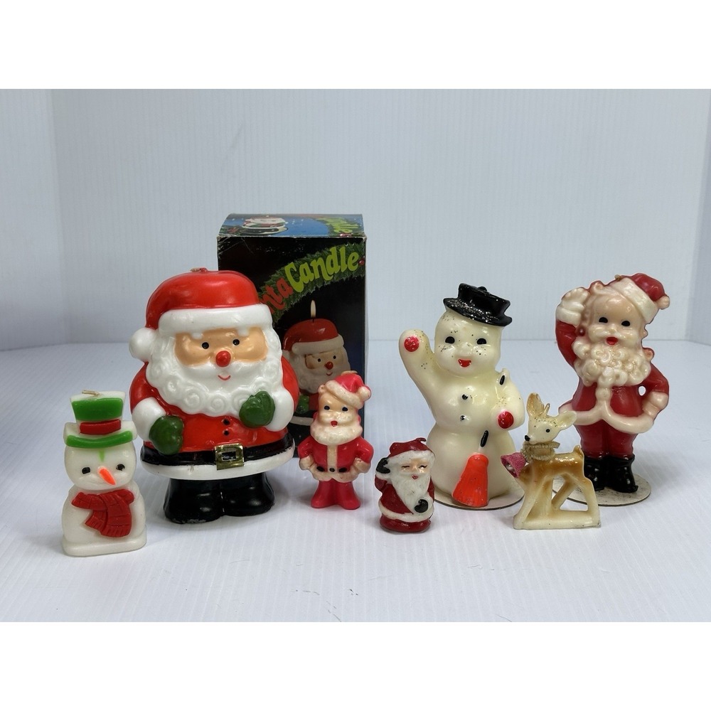 Vintage Lot 7 Gurley Candles 4 Santa 2 Snowman 1 Reindeer Wearing Bell